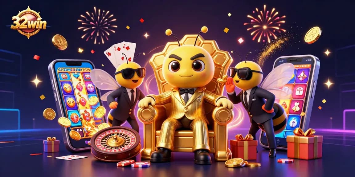 Join the excitement at 32win with vibrant casino elements and game interactions in this dynamic illustration.
