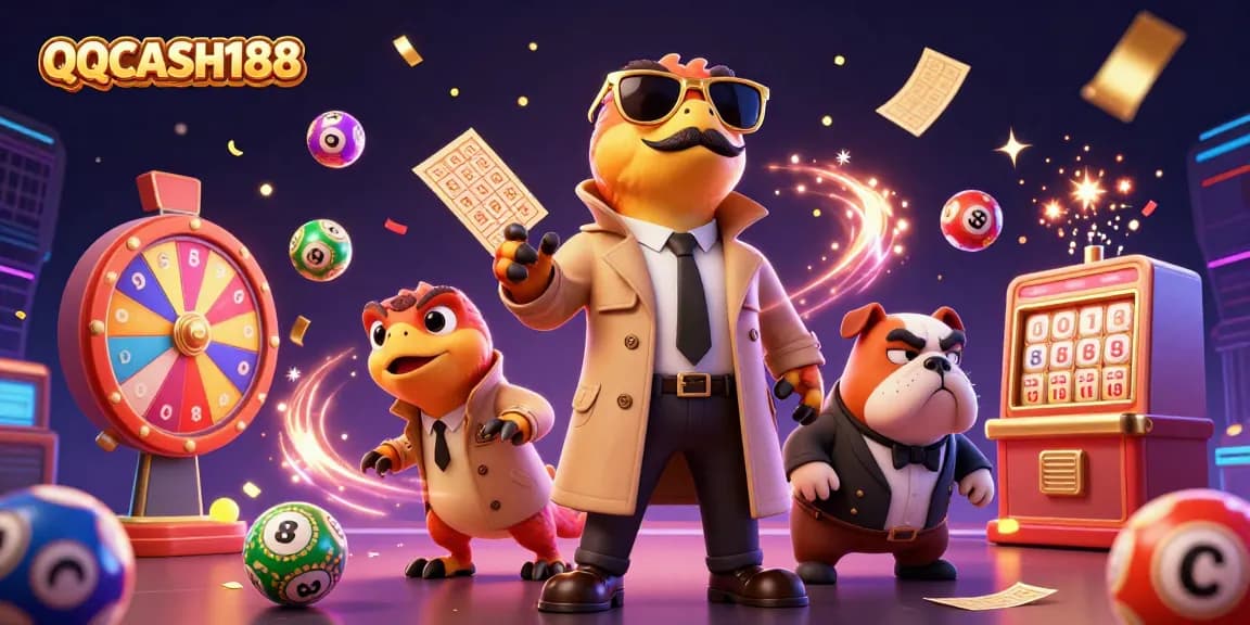 Experience thrilling gambling moments at QQCASH188 with cartoon raptors and casino elements.
