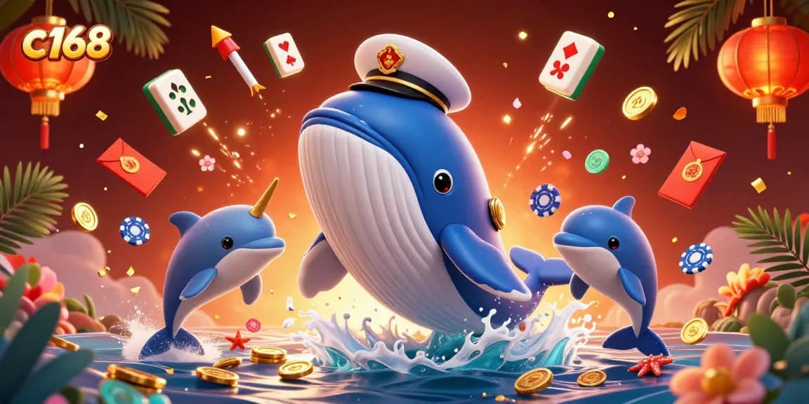 C168 players enjoy vibrant 3D gambling scene with whales, dolphins, poker chips, and festive elements.