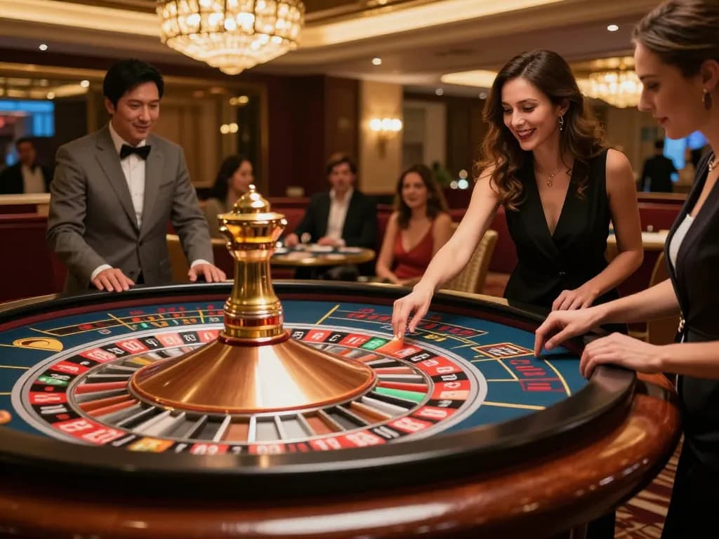 LGO GOAL excitement captured as players engage in roulette at a luxurious casino, highlighting vibrant betting action.