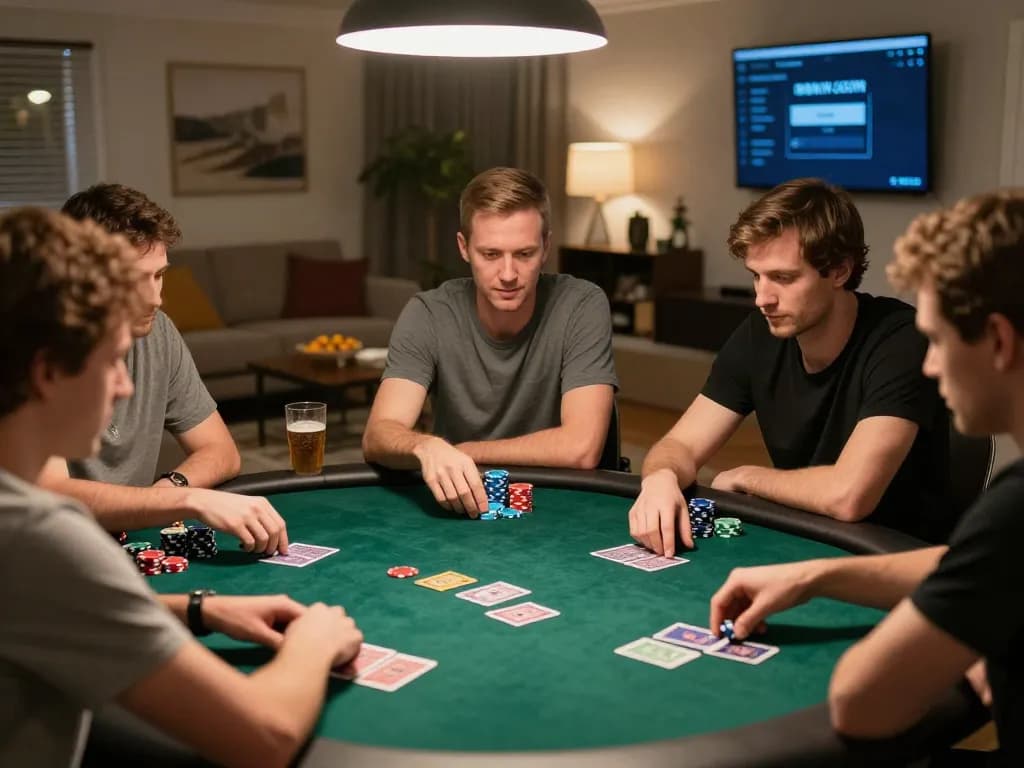 Intense poker game scene showcasing players strategizing with IDNSCORE LOGIN at a cozy home setup.