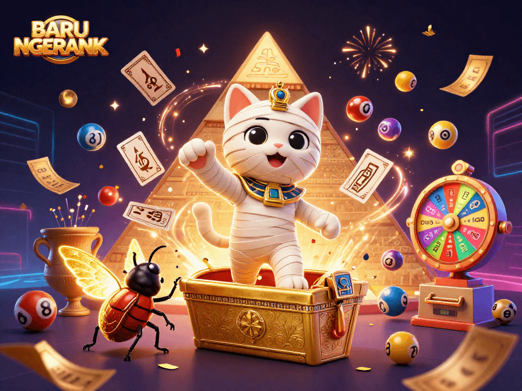 Engage with BARU NGERANK in this vibrant slot game illustration featuring a mummy cat and magical elements.