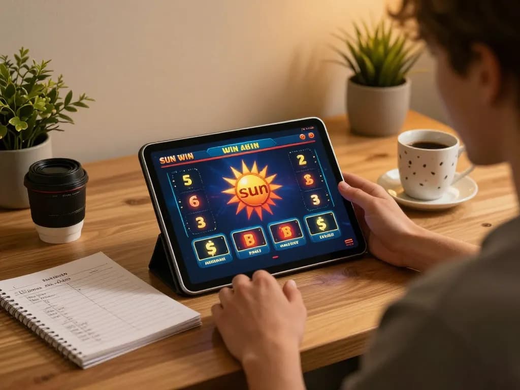 Player exploring sun win casino on tablet in a cozy setting, highlighting immersive online gaming experience.