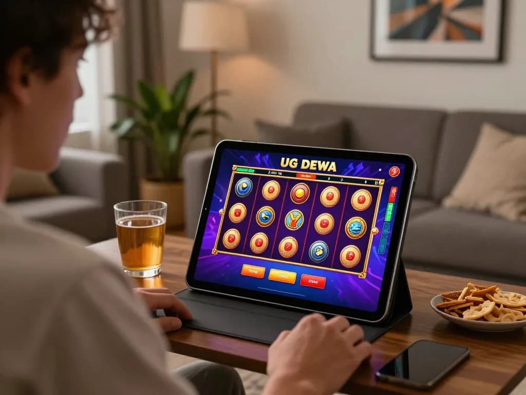 Experience the thrill of UG DEWA slot gaming from home with a user engaged on a tablet.