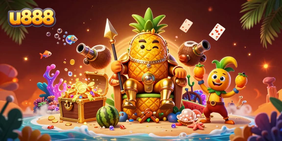 Engage with u888, the dynamic beach casino world featuring a golden pineapple king and vibrant gaming elements.
