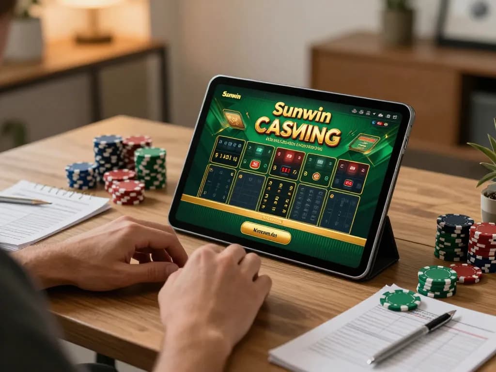 Engaging with the Sunwin app while playing online casino games at home.