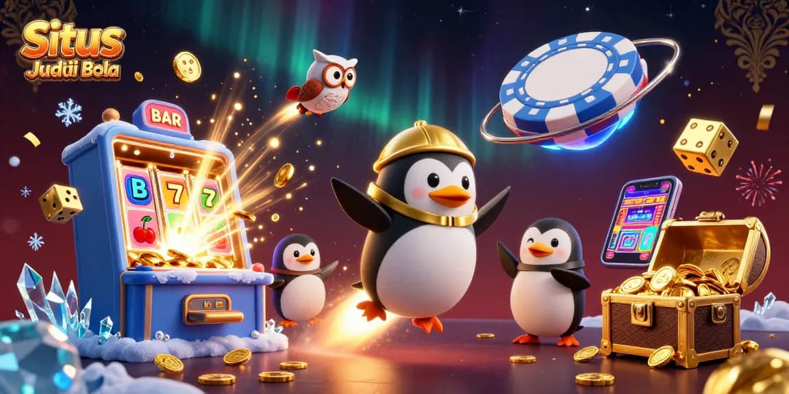 Situs Judi Bola showcases an exciting scene with a golden penguin exploring a casino-themed universe filled with vibrant games.