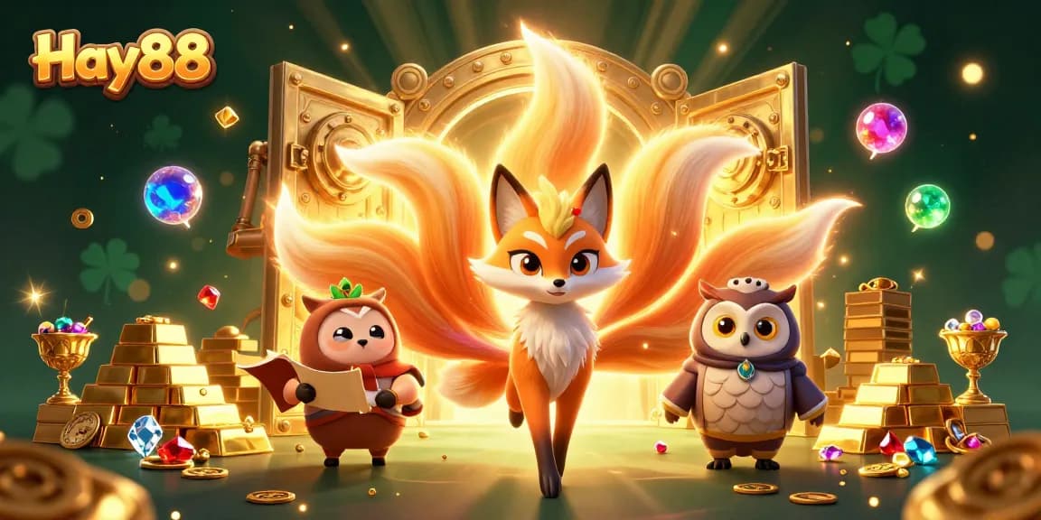 Engage with Hay88's vibrant online casino world, featuring a nine-tailed fox spirit amidst sparkling treasures.