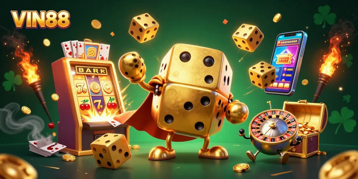 Experience the excitement of VIN88 with dynamic scenes of winning dice and slot machines in play.