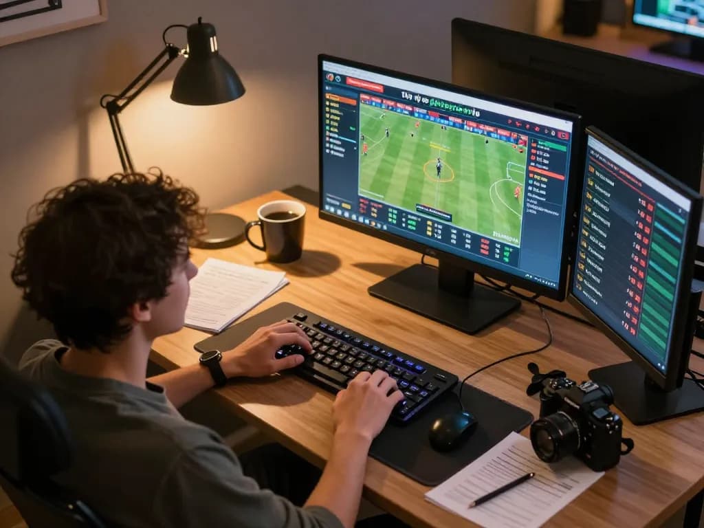 Tỷ lệ kèo nhà cái displayed on multiple screens while sports betting at home, illustrating strategic engagement.