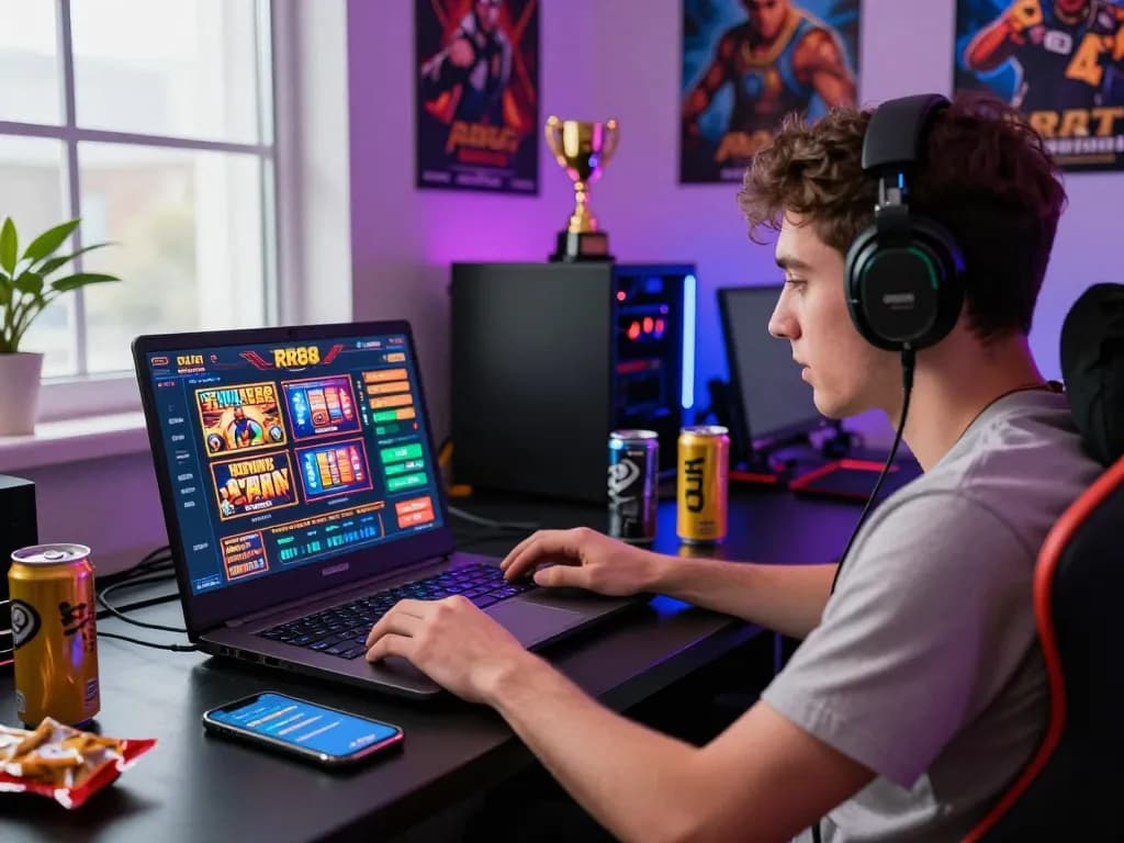 Excited gamer using RR88 platform for online casino and sports betting in a vibrant gaming room.