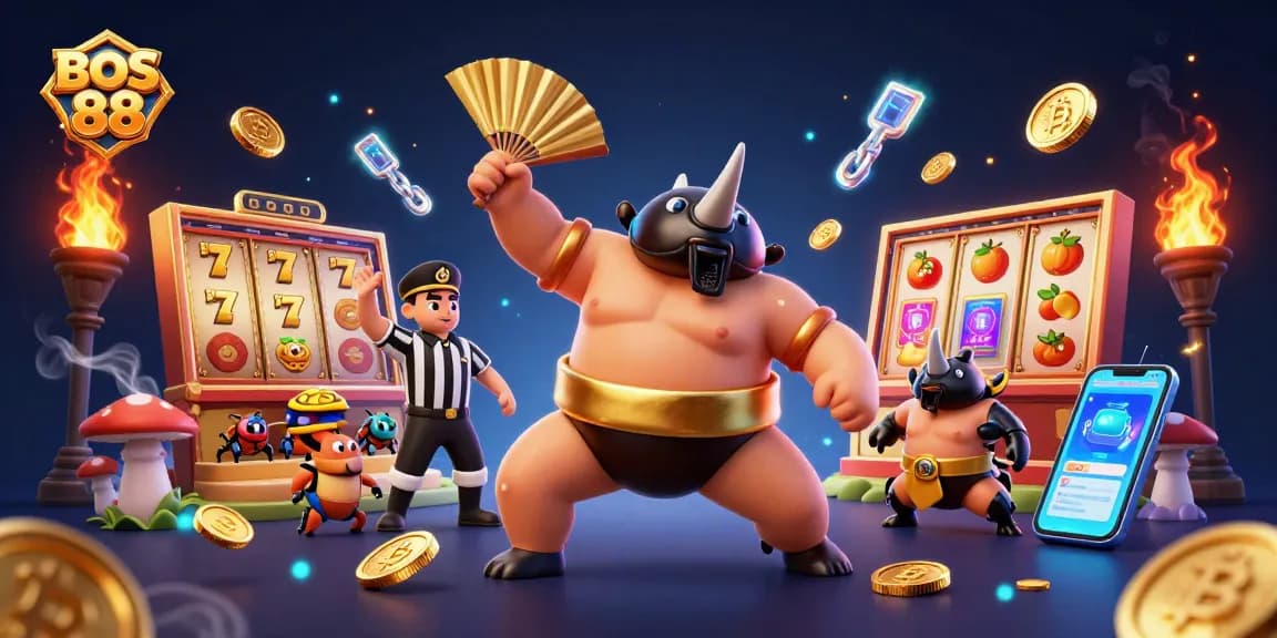 BOS 88 hadir dengan permainan slot seru, dikelilingi oleh simbol dan koin yang memikat.