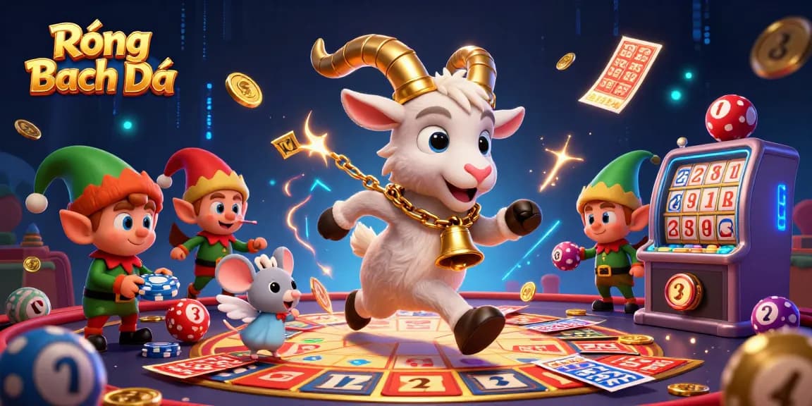 Rồng Bạch Kim features a dynamic lottery scene with playful characters amidst glowing game elements.