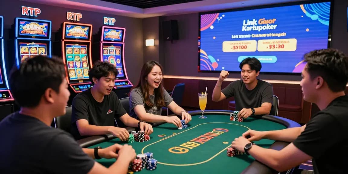 Friends celebrating wins at Link Slot Gacor Kartupoker online casino with vibrant gaming atmosphere.