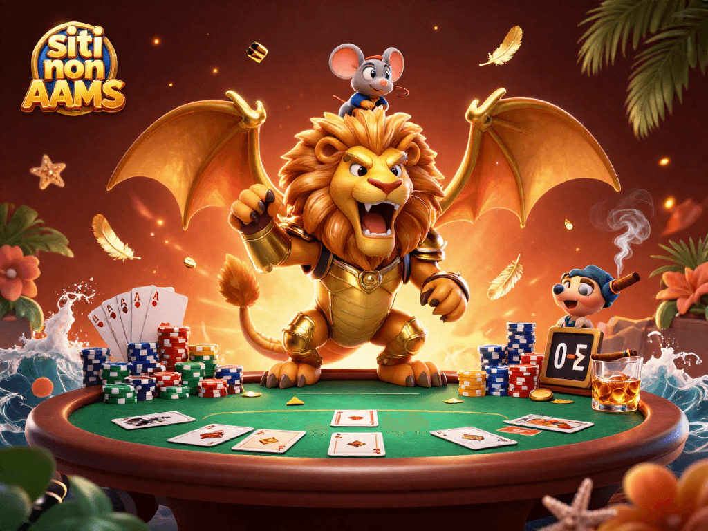 Gioca ai siti non AAMS mentre un drago e un topolino trionfano in un casinò vibrante.