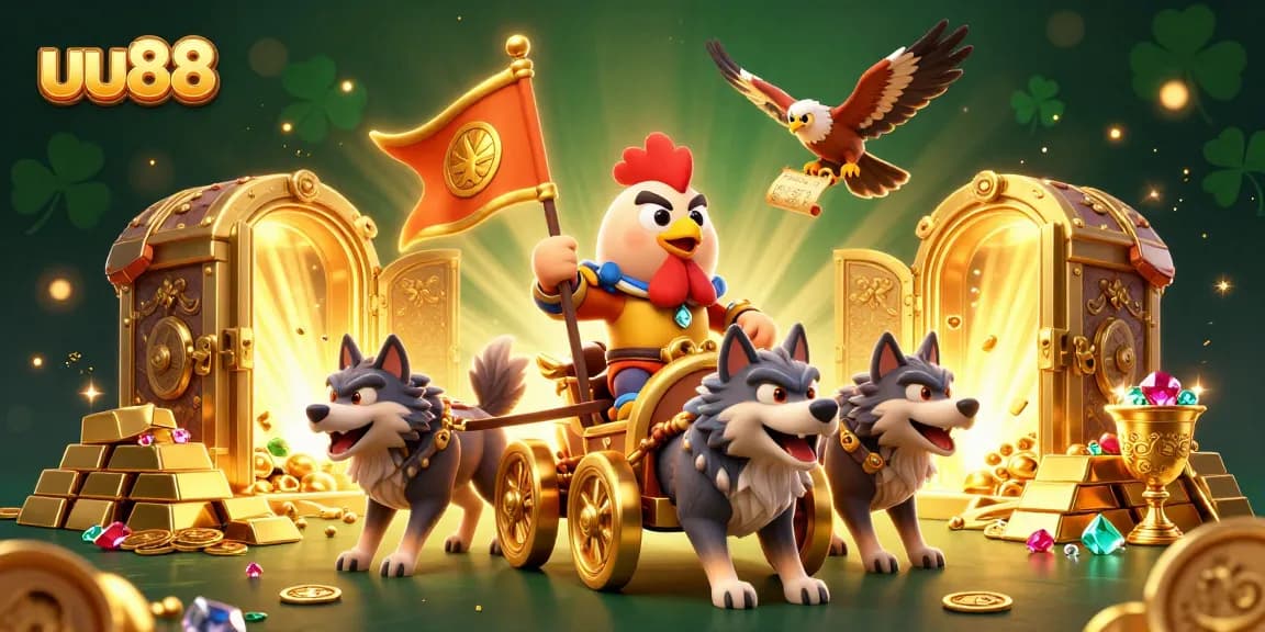 Immerse in the excitement of uu88, where a regal rooster warlord leads a golden chariot in this vibrant casino adventure.