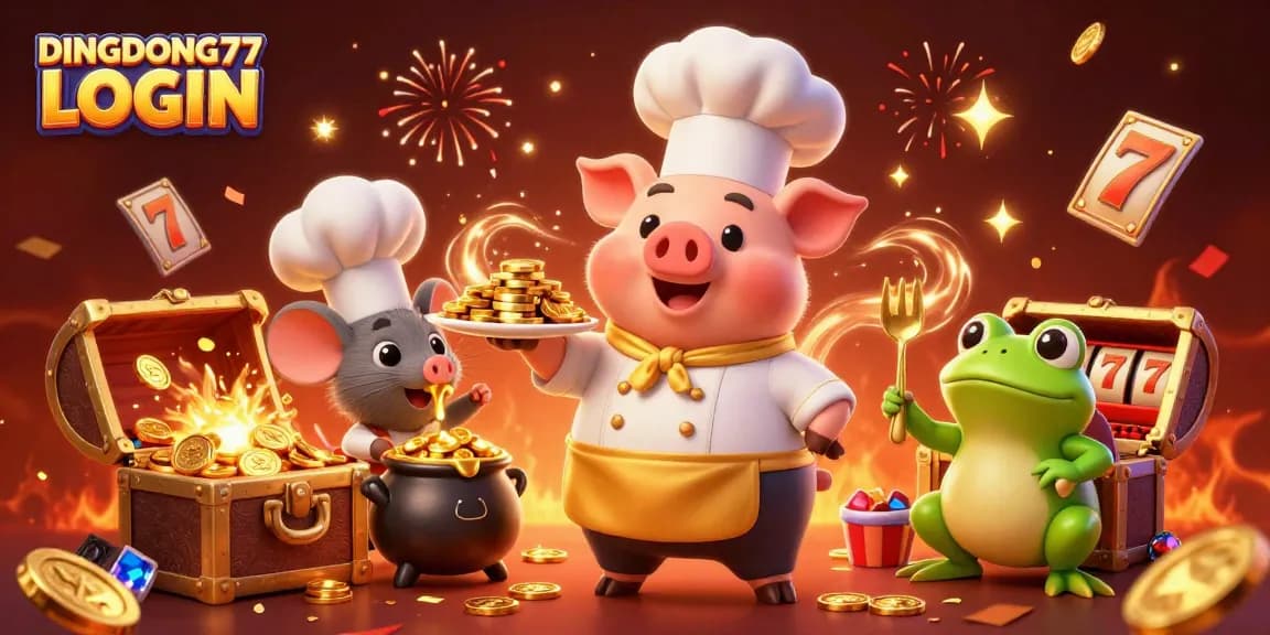 DINGDONG77 LOGIN cartoon scene with chef pig serving gold coins, showcasing vibrant casino elements.