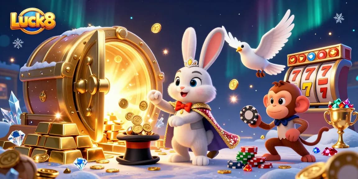 Experience the thrill of winning at Luck8 with a vibrant 3D casino scene featuring magic and excitement.