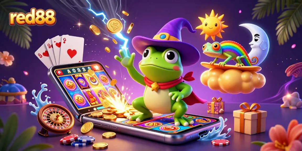 Experience the thrill of red88 with a vibrant casino scene featuring dynamic gaming elements and enchanting characters.
