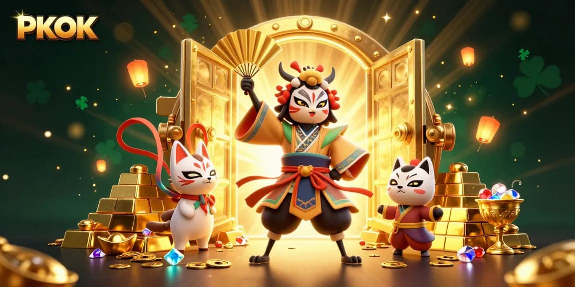 Engage with the thrilling world of PKOK as a kabuki warrior celebrates wealth in a vibrant casino setting.