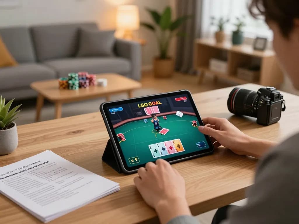 LGO GOAL player enjoying online poker while managing their bankroll notes in a cozy living room