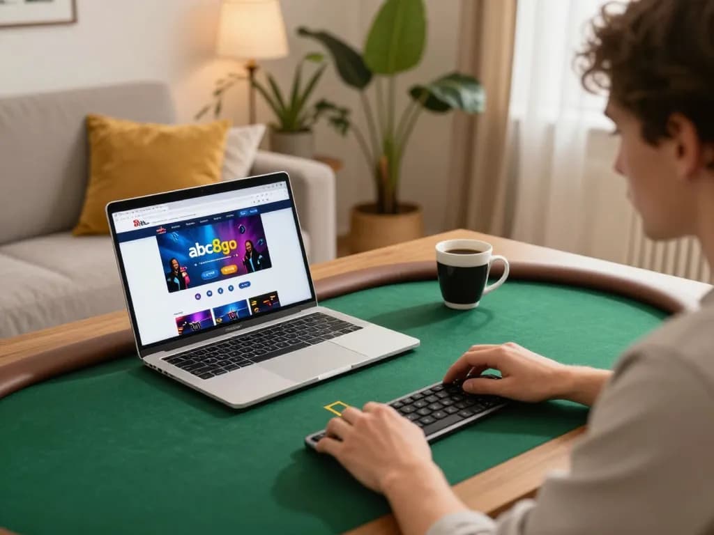 Player engaging in online poker on abc8go, showcasing interactive gaming setup in cozy living room.