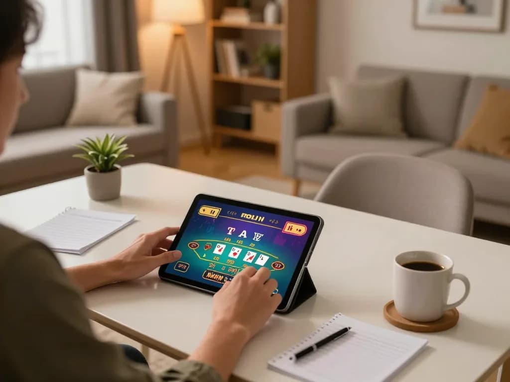 Person engaging in strategic online blackjack gameplay on F168 tablet in cozy living room.