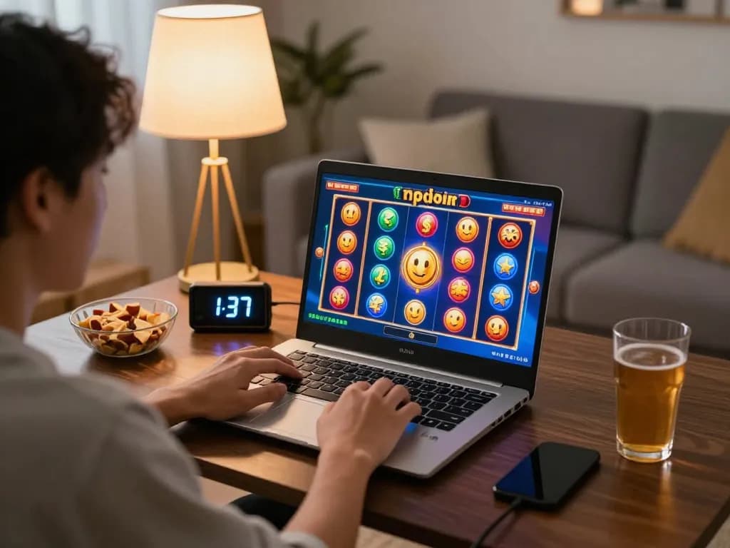 Person playing mpoid slot on a laptop in a cozy home setting, engaged in exciting online gaming.