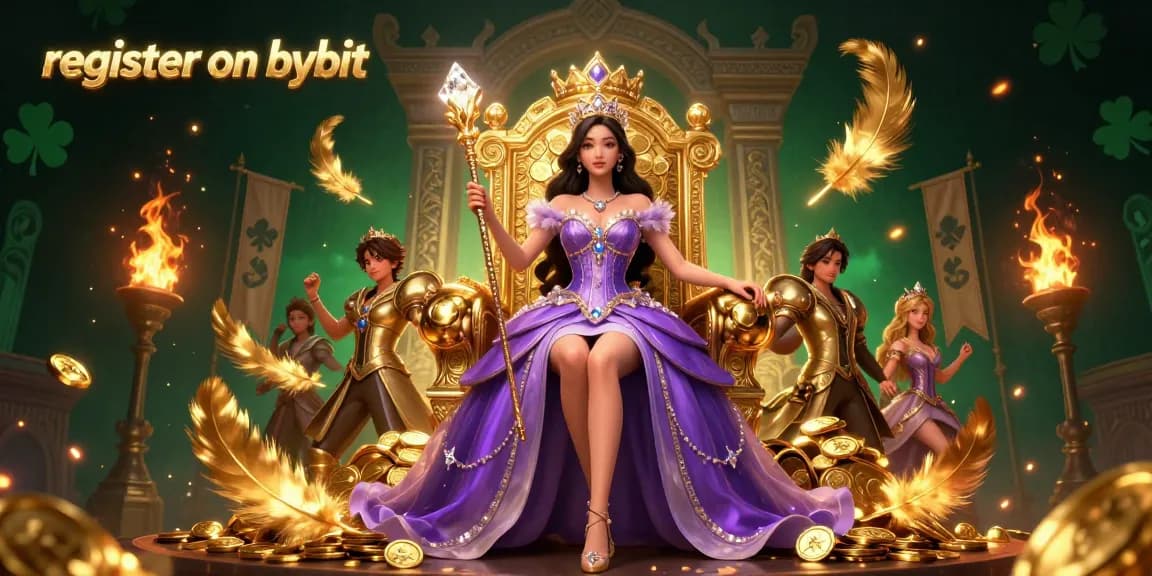 Engage and register on Bybit amidst a vibrant, royal-themed casino scene illustrating excitement and rewards.
