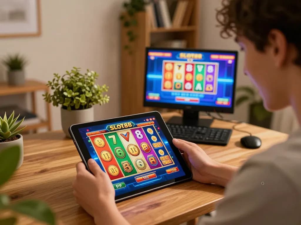 SLOT88 exciting online slot game interface showing multiple winning reels on a tablet screen