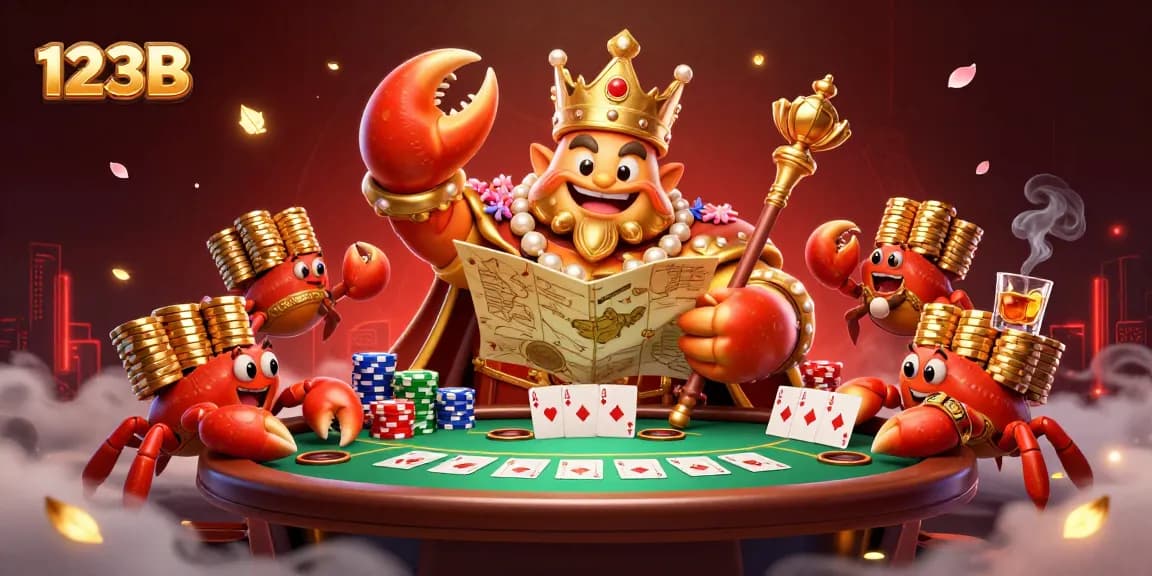 Engage in exciting games at 123B with the golden crab emperor holding treasures and poker elements.