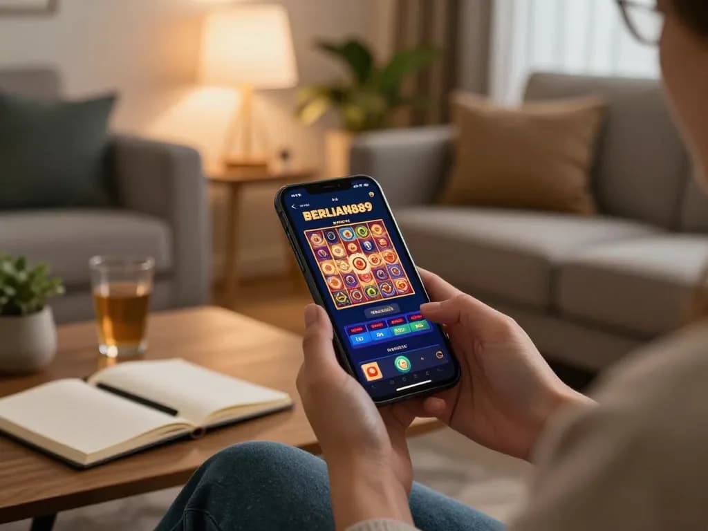 Engaging gameplay on BERLIAN889 Slot app shown on smartphone during cozy home session.