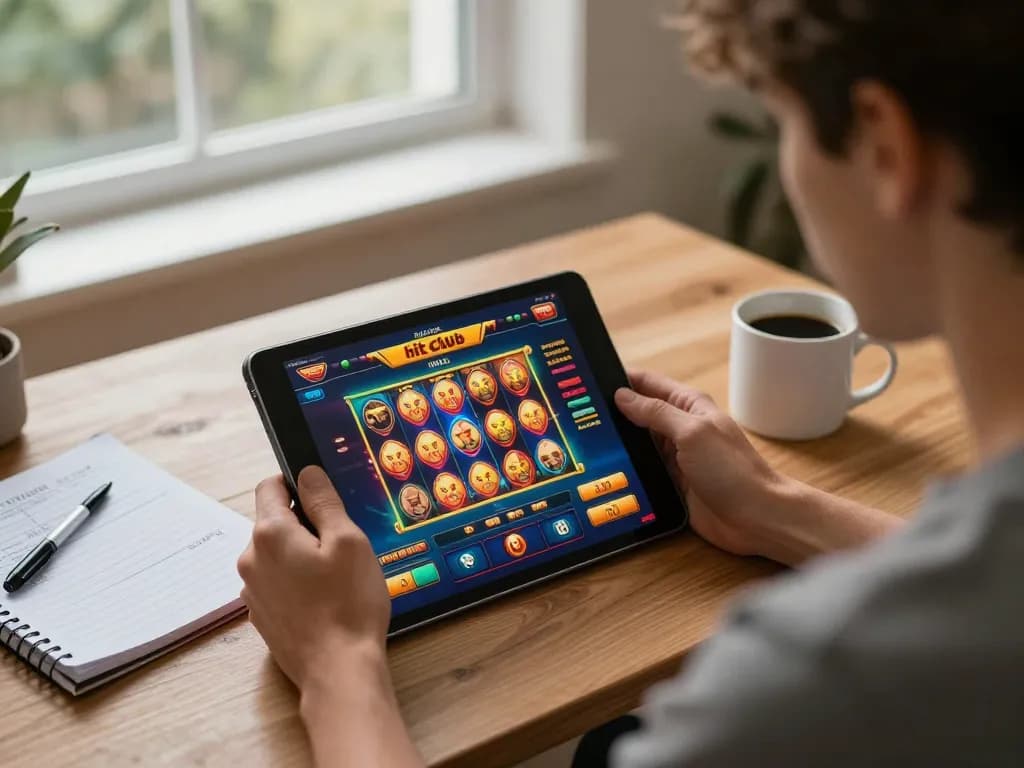 Engaged player at hitclub casino gaming on tablet, showcasing strategic notes for better odds