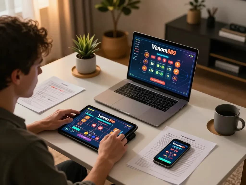 Engaging online gaming session at home with Venom889 Alternatif app on display, showcasing strategic gameplay.