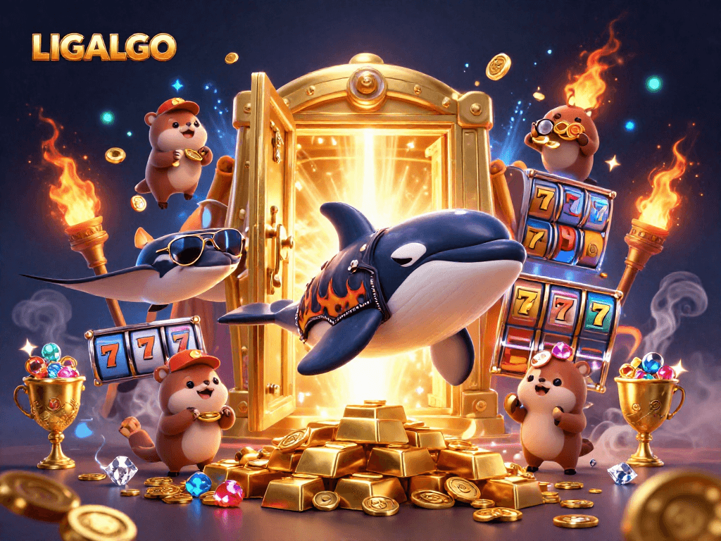 LIGALGO features an exciting scene with characters celebrating wins in a vibrant casino setting.