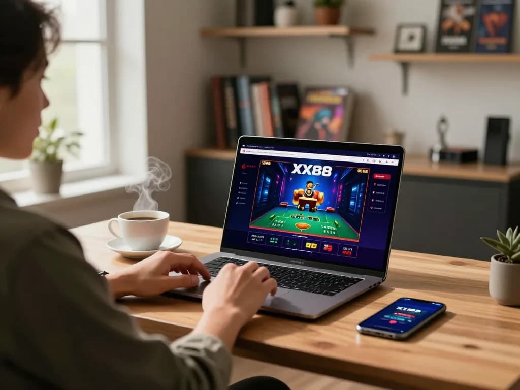 Player engaging with XX88 online casino platform on a laptop in a cozy home office