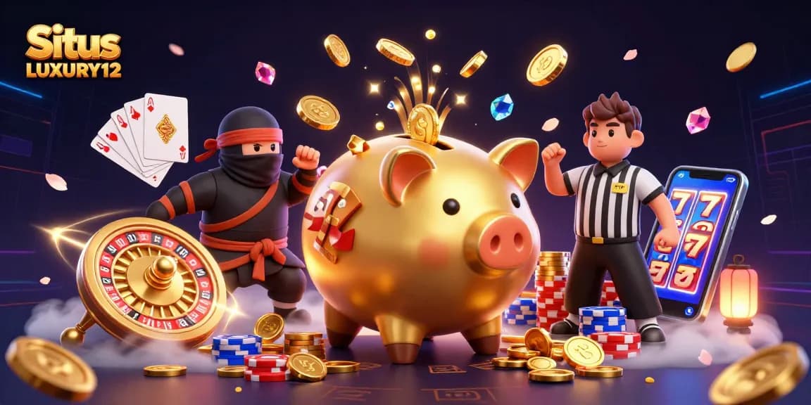 Situs LUXURY12 enhances gameplay with a vibrant 3D casino illustration featuring dynamic characters amid coins and cards.
