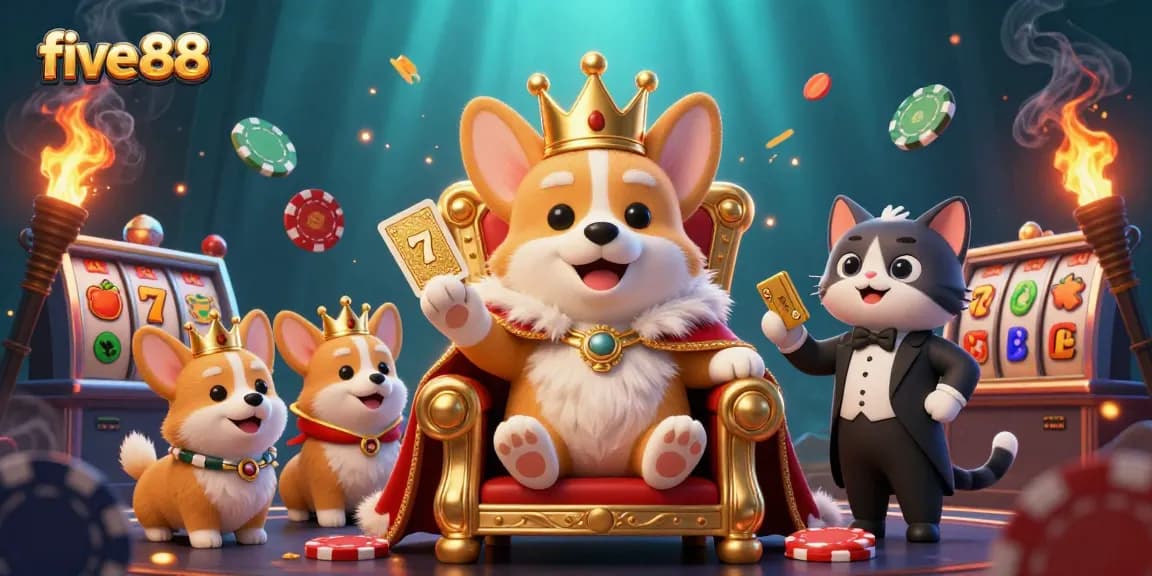 Experience five 88's thrilling jackpot gaming with animated royal corgi and vibrant slot elements.
