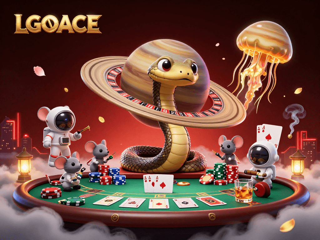 LGOACE features a vibrant, animated gambling scene with playful characters and rich casino elements.