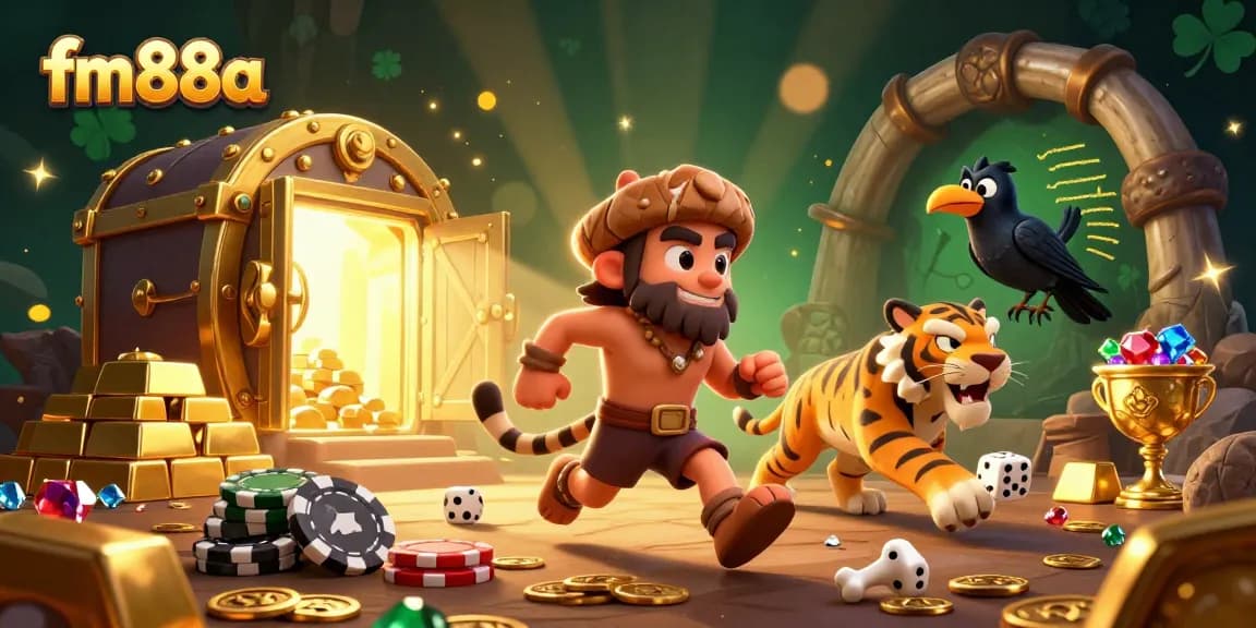 Experience the fun of fm88a with a vibrant 3D casino illustration featuring playful characters and treasure.