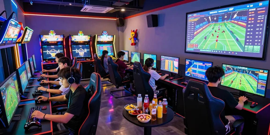 Friends celebrating during rokok88 login challenge in a vibrant online gaming arcade