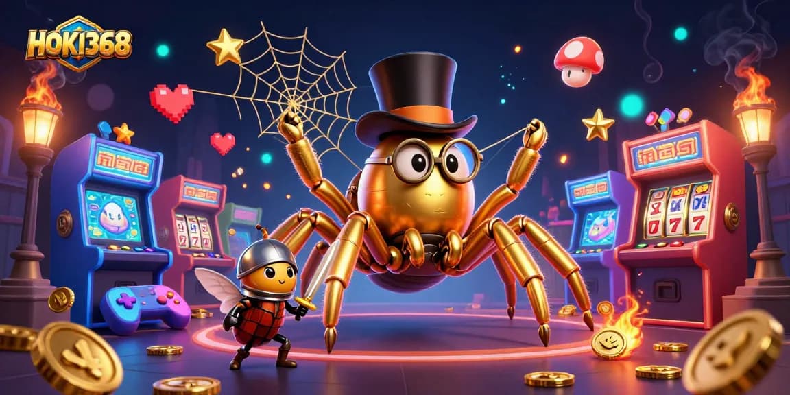 Engage with HOKI368's dynamic gaming scene featuring a golden tarantula and beetle knight in an exciting casino setting.