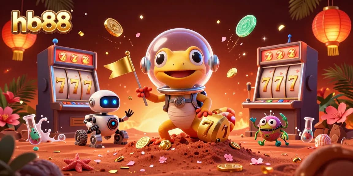 Experience the excitement of hb88 with a Martian gecko discovering a golden casino amidst thrilling gaming elements.