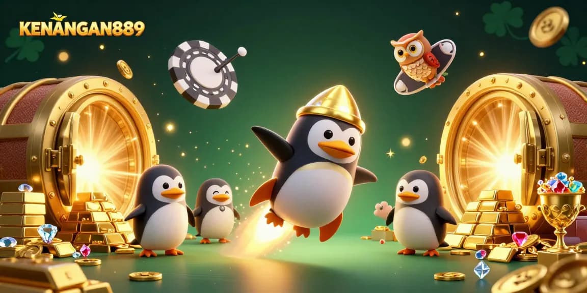 Experience the thrill of KENANGAN889 with a golden penguin racing through a vibrant casino world.