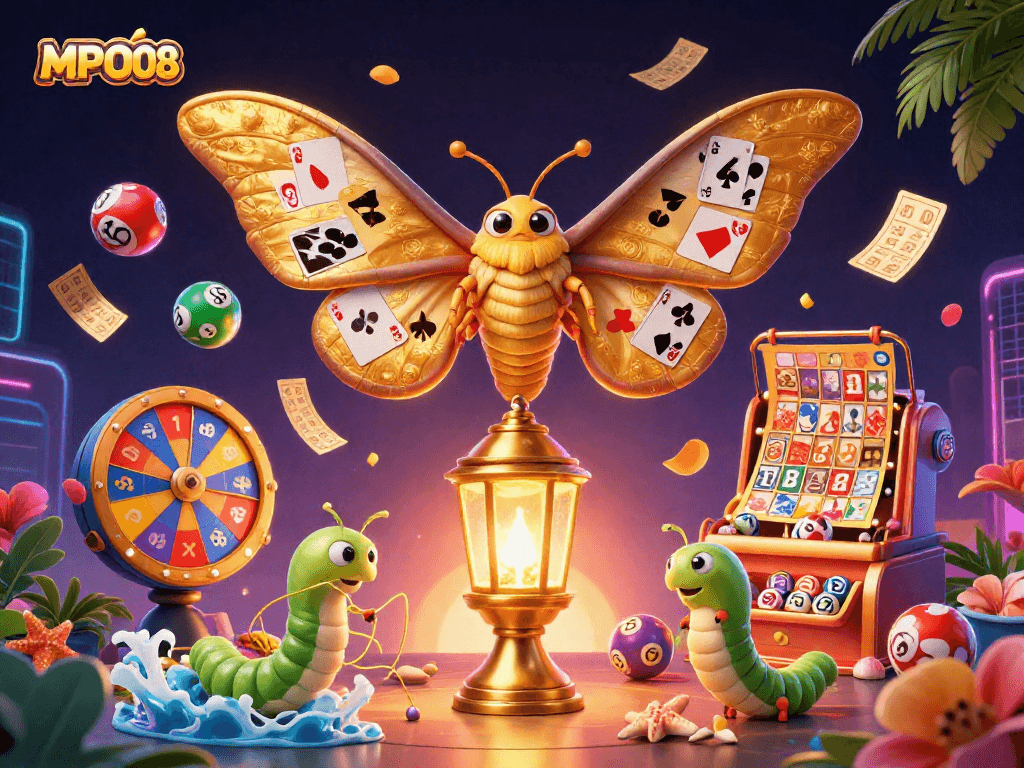 MPO08 offers an interactive casino experience with vibrant lottery balls and a dazzling moth design.