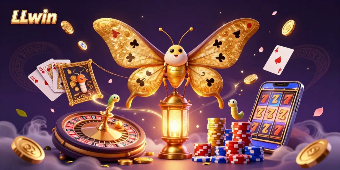 Engage with LLwin's vibrant casino scene featuring golden coins, roulette wheels, and a majestic moth.