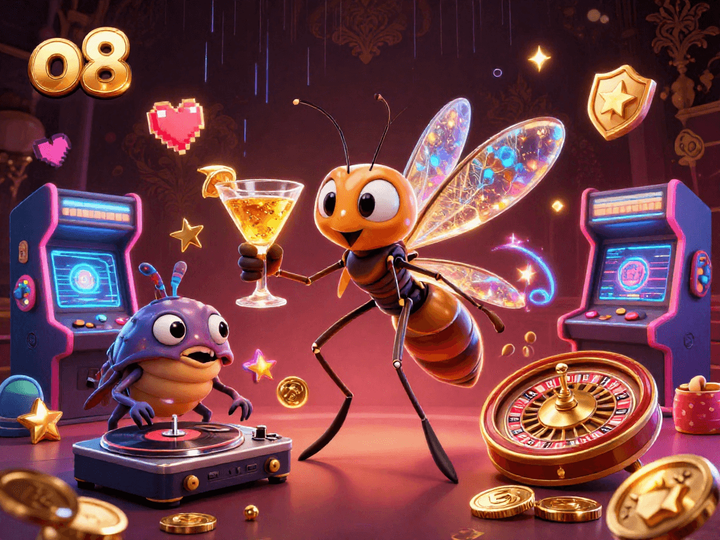 Engage in thrilling gameplay with o8, featuring a unique frozen-in-amber mosquito mascot and vibrant casino elements.