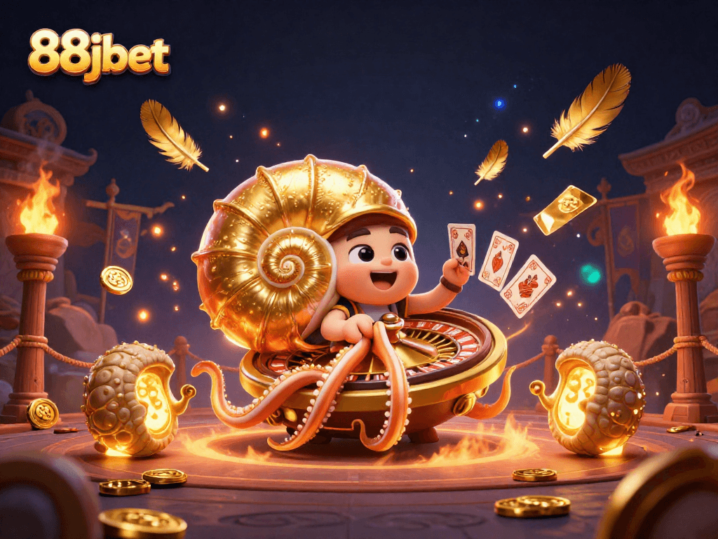 88jbet showcases thrilling casino action with a dazzling nautilus roulette wheel and glowing ammonites.