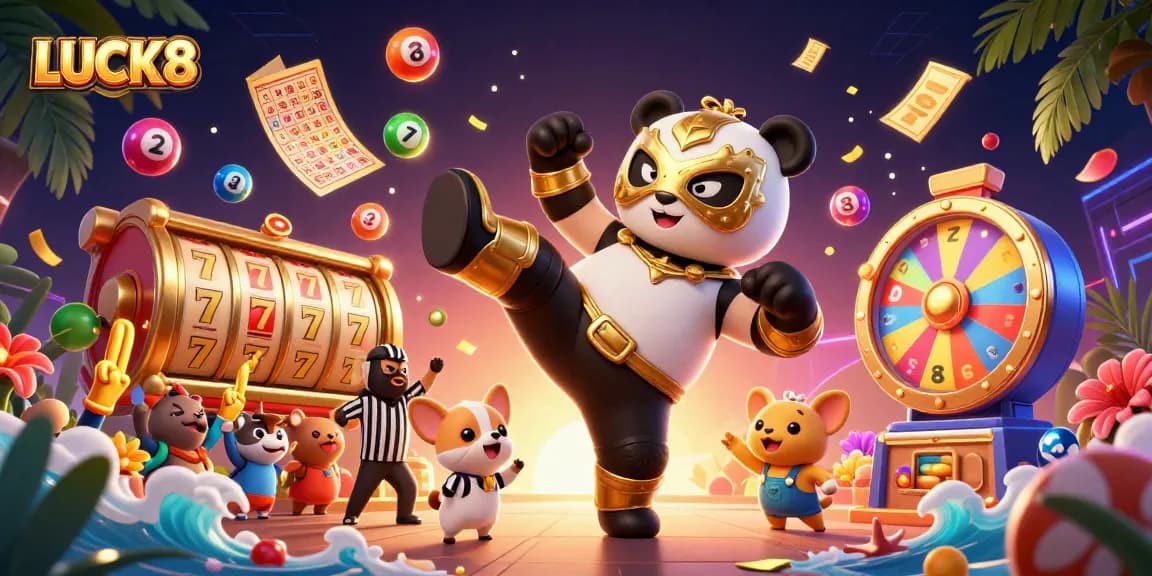 Experience the thrill of LUCK8 with a dynamic casino scene featuring animated characters, lively game elements, and excitement.