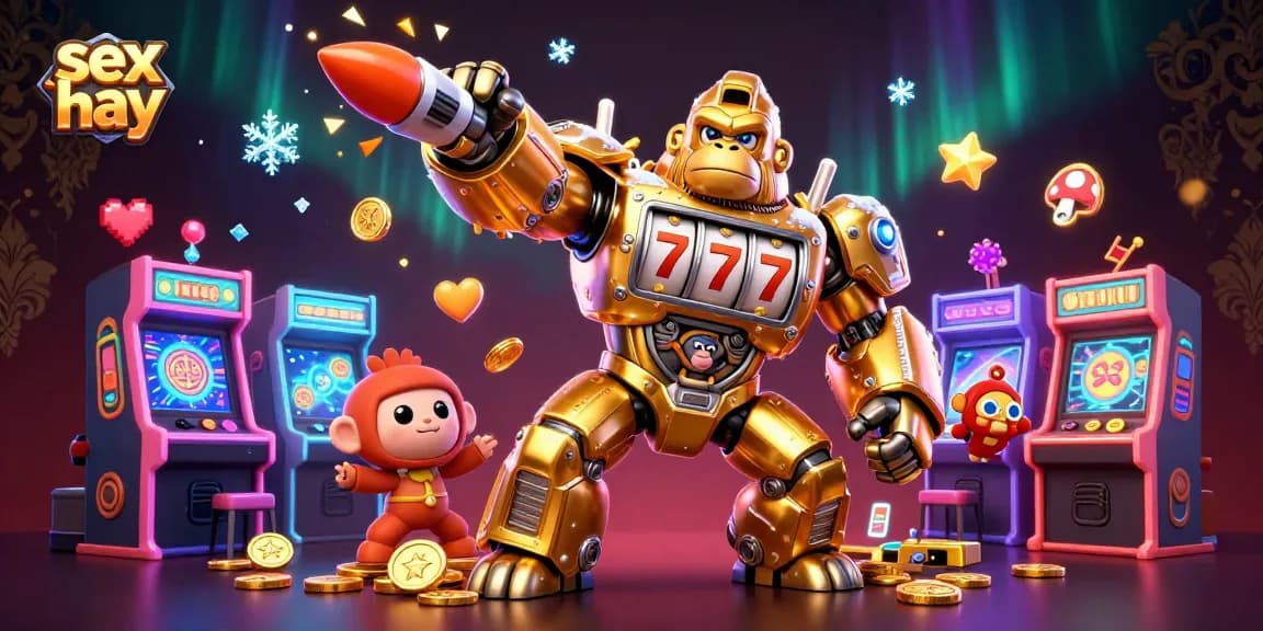 Experience the thrilling action of sex hay with a golden gorilla mech in a vibrant casino scene.